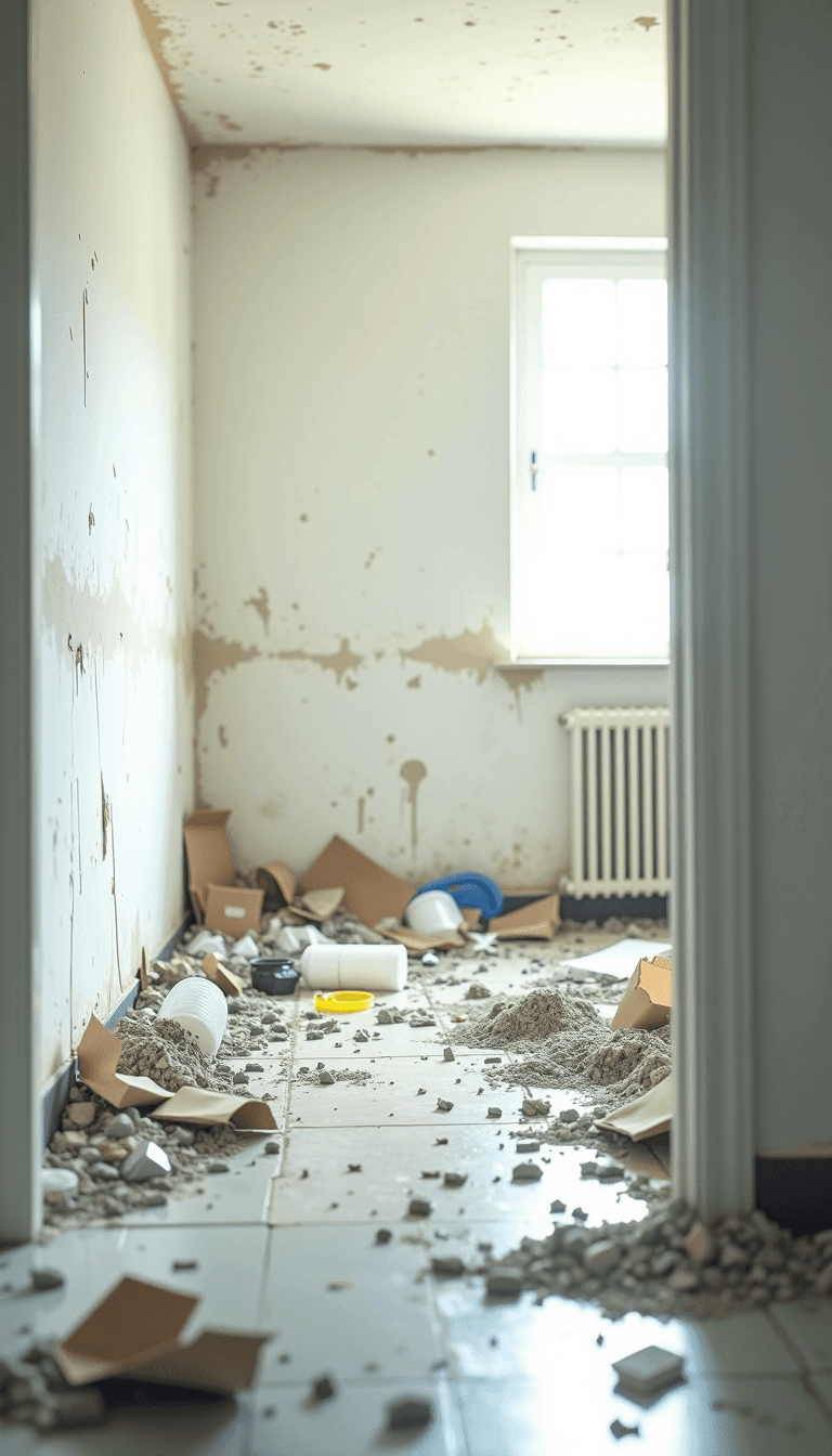 Een vervuild huis met veel rommel en afval dat opgeruimd moet worden en gekuist moet worden of gediepreinigt moet worden